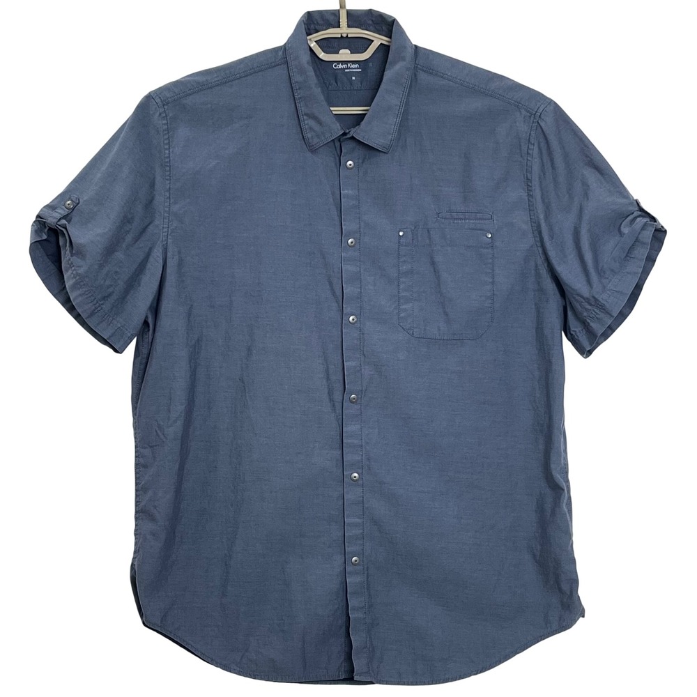 Calvin Klein Jeans Mens Snap Up Shirt XL Blue Cotton S/Sleeve Roll Tab Casual